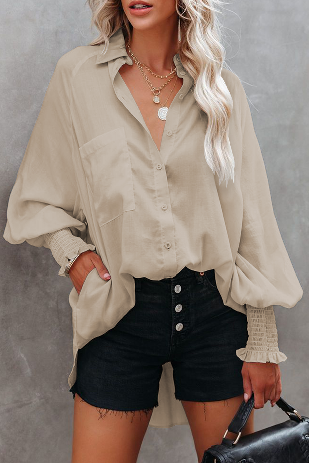 Billowy Sleeves Pocketed Shirt