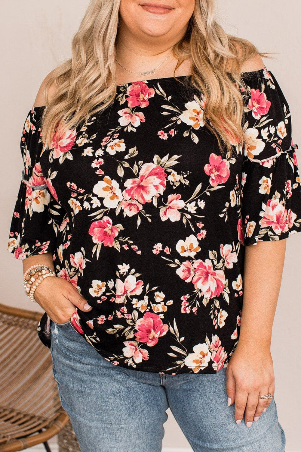 Floral Print Off Shoulder Plus Size Blouse