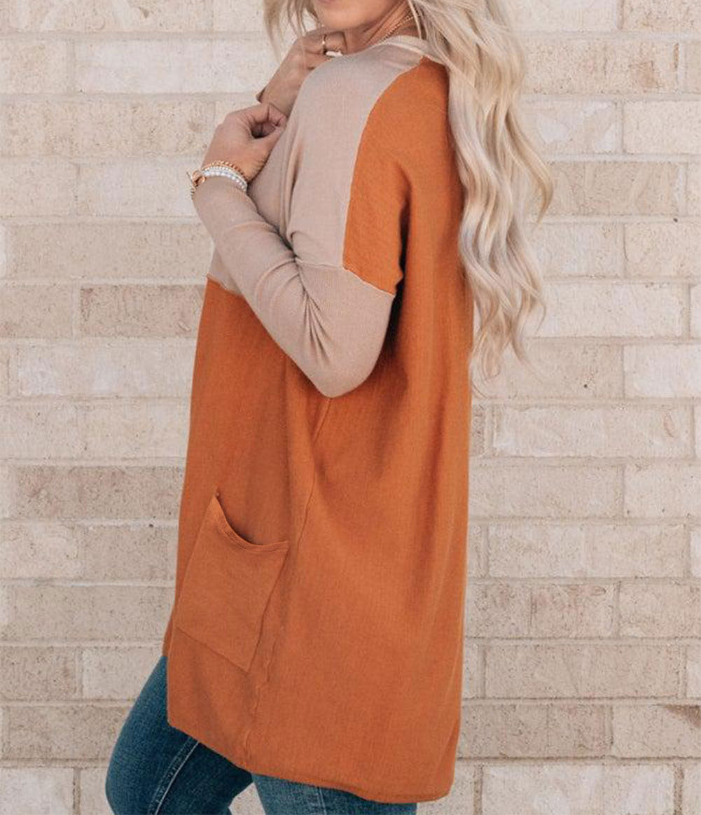 Pocketed Color Block Patchwork Long Sleeve Top