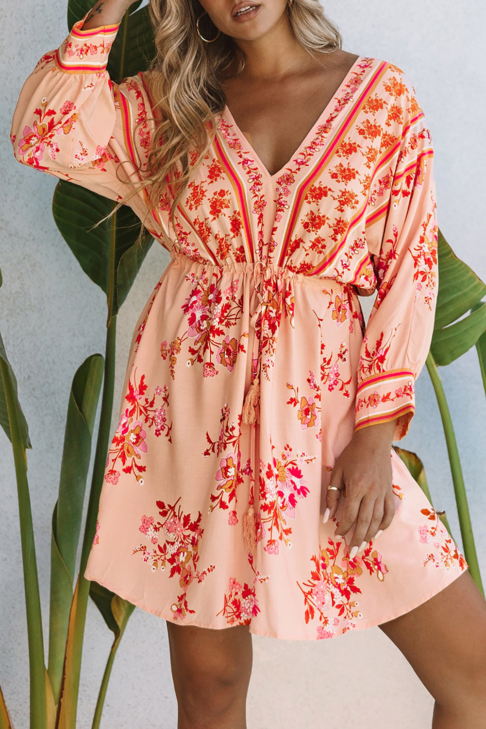 Floral Tassel Drawstring Kimono Dress