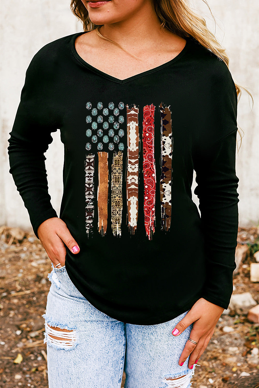 Black Western American Flag Graphic Print V Neck Top
