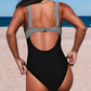Striped Patchwork Open Back Sleeveless V Neck Swimsuit