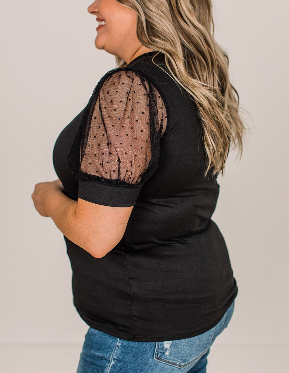 Black Dotty Mesh Splicing Bubble Sleeve Plus Size Top