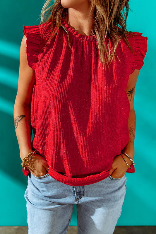 Red Ruffled Ribbed O-neck Sleeveless Top