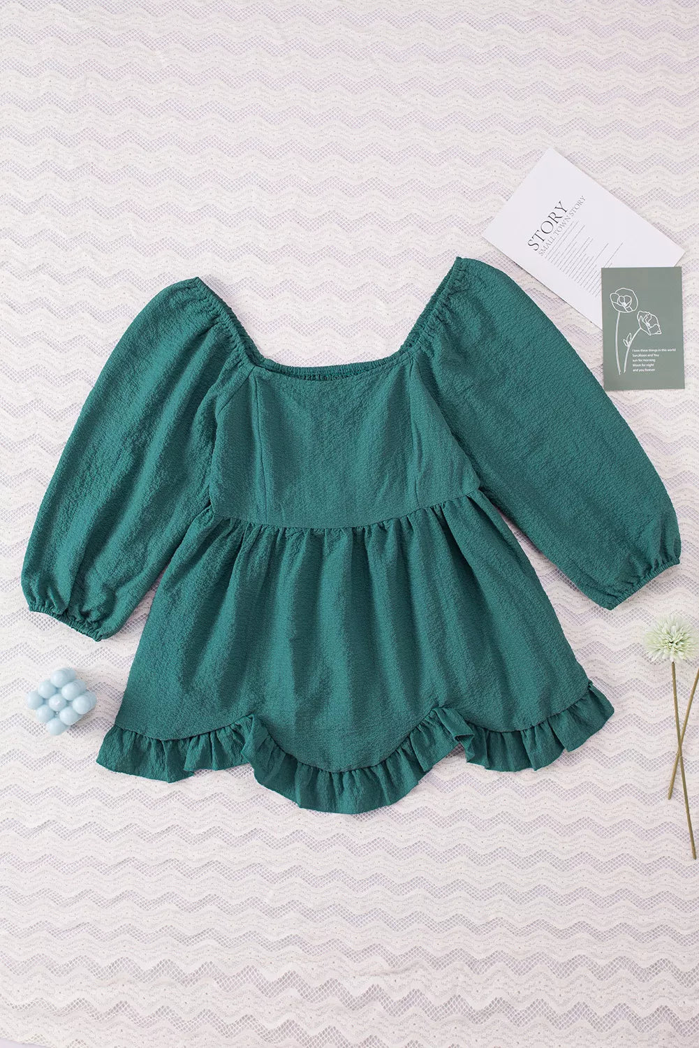Ruffled Smocked 3/4 Sleeve Square Neck Blouse