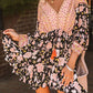 Black V Neck 3/4 Sleeves Floral Dress