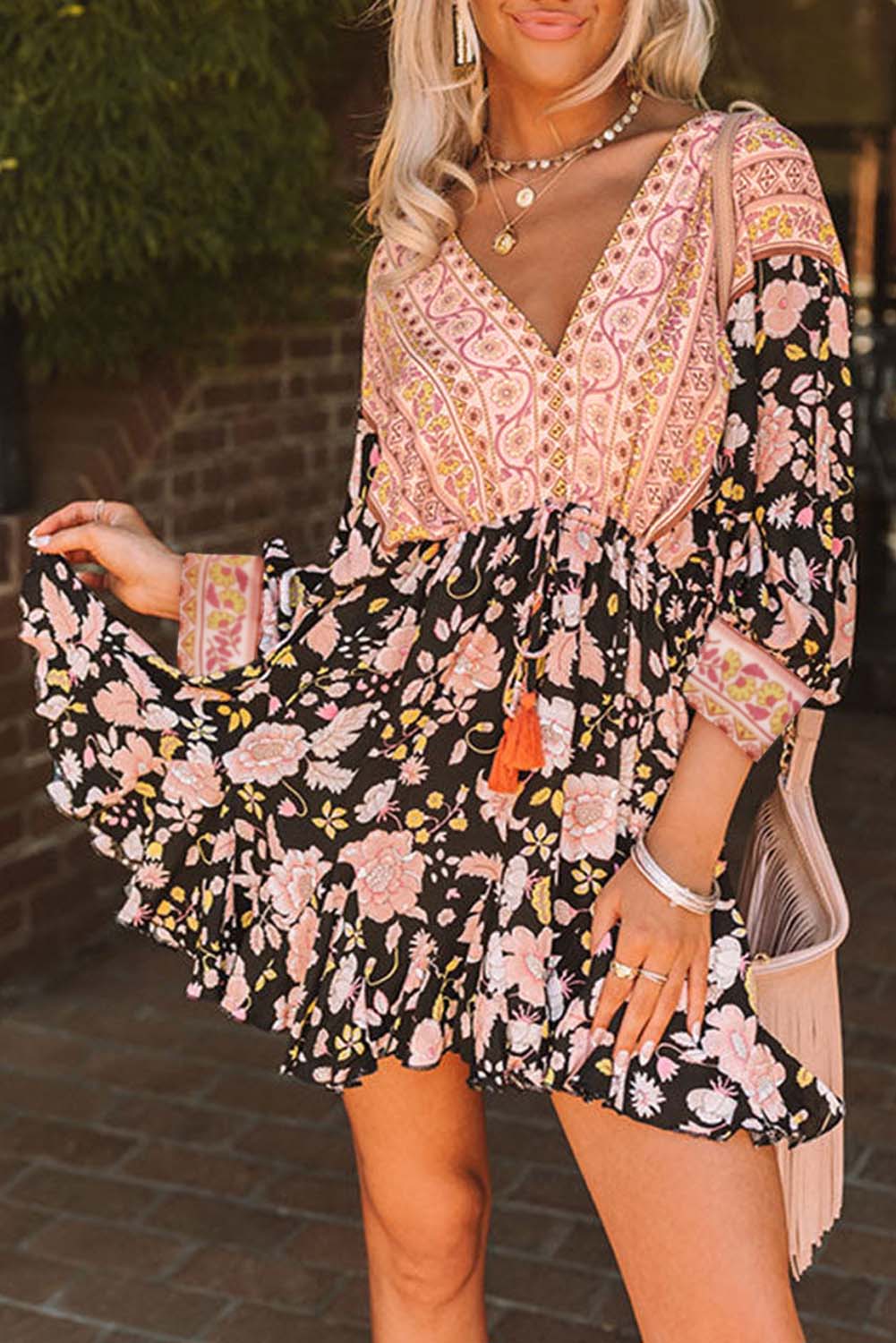 Black V Neck 3/4 Sleeves Floral Dress