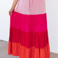 Pink Color Block Tiered Drawstring High Waist Maxi Skirt