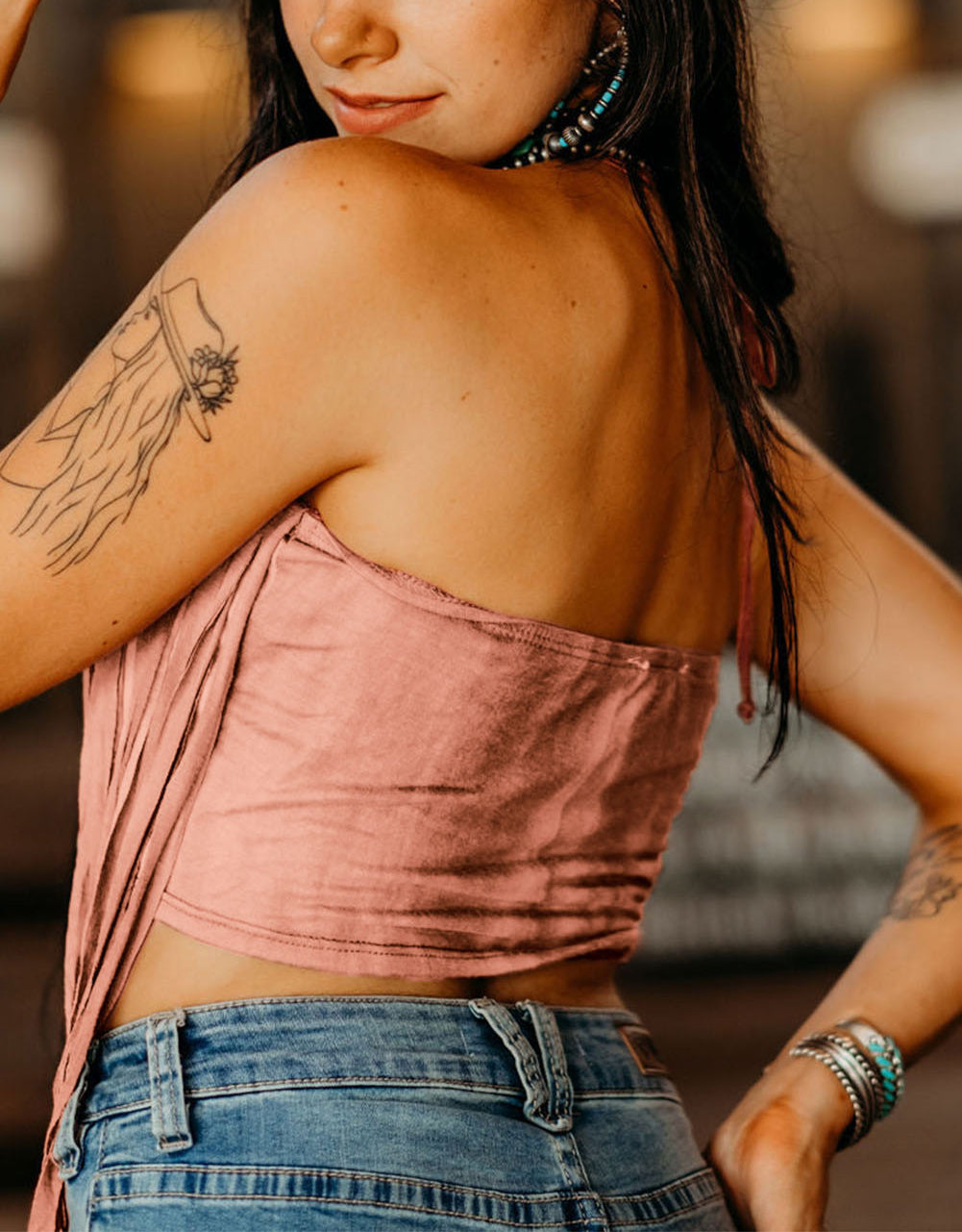 Pink Tassel Drawstring Bandeau Crop Tank Top