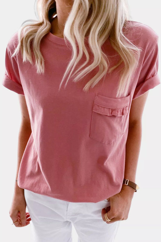 Frilled Pocket O-neck Short Sleeve T Shirt
