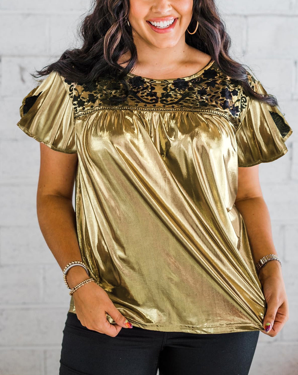 Gold Plus Size Floral Embroidered Short Sleeve Top