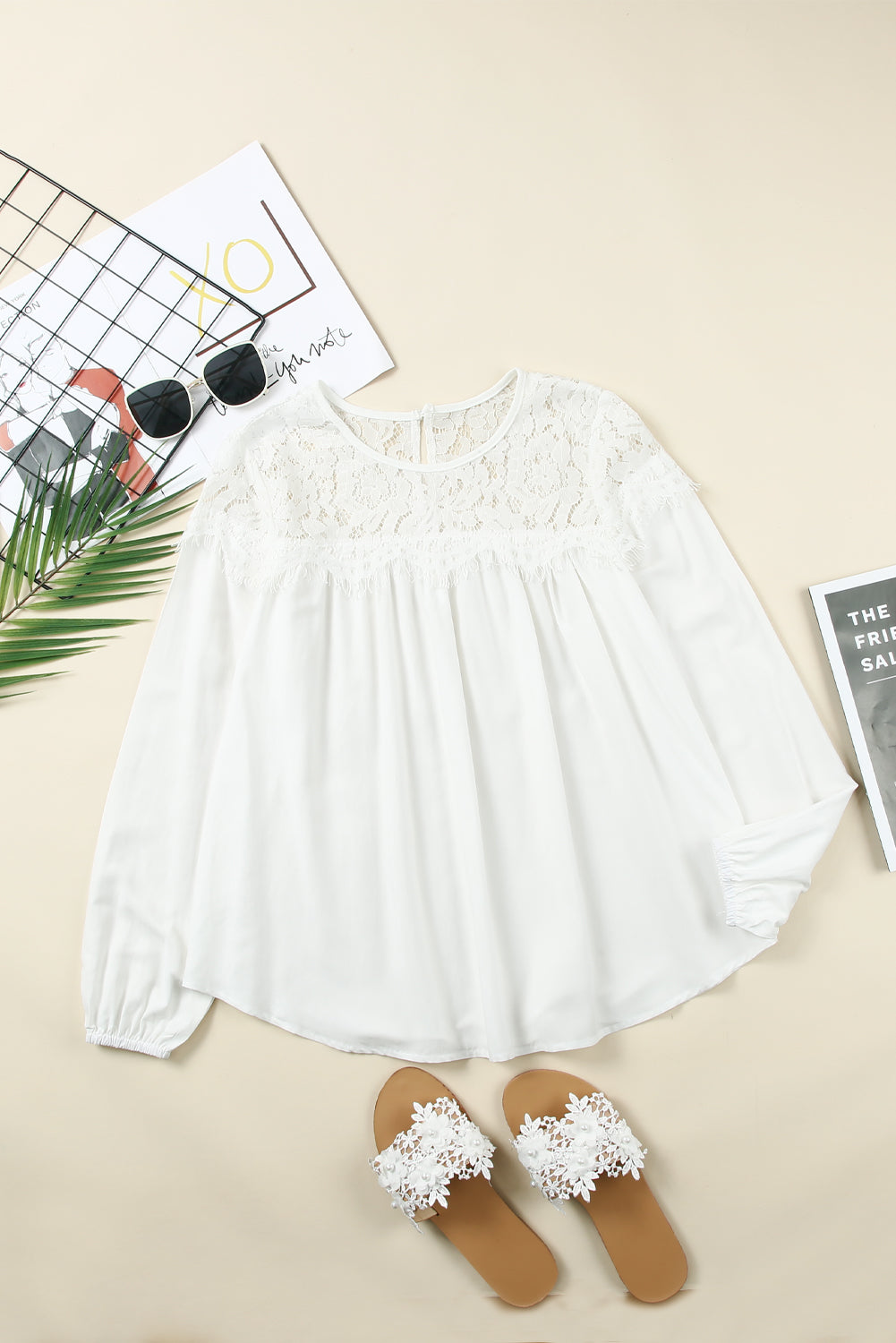 White Lace Detail Long Sleeve Top