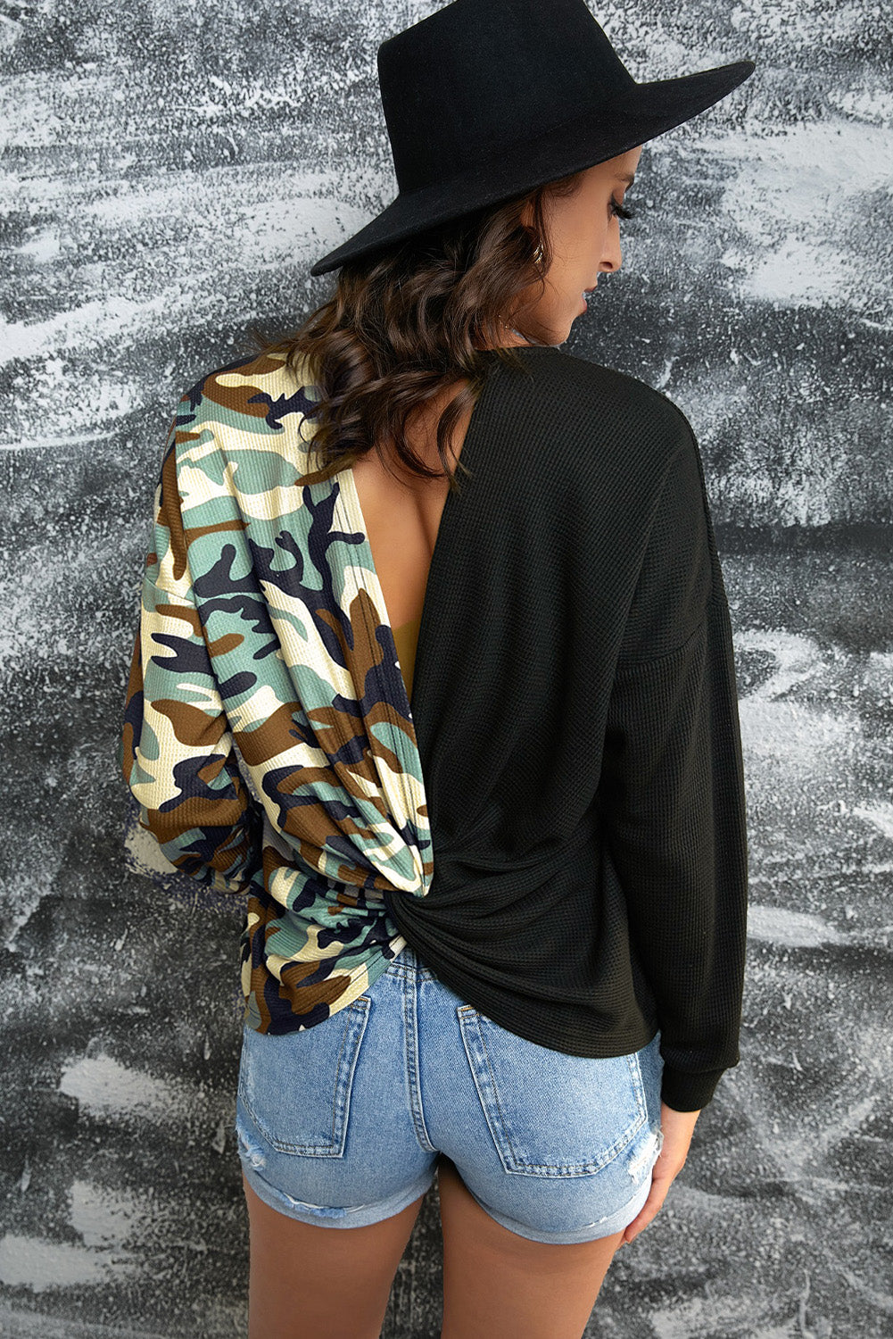 Camo Twist Back Waffle Top