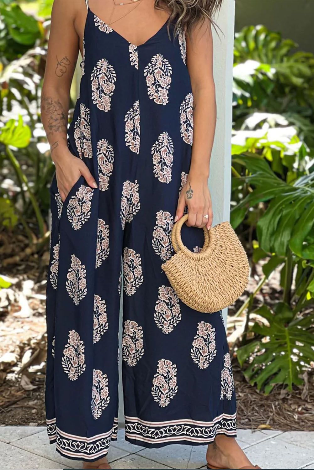 Geometric Print Spaghetti Straps Wide Leg Jumpsuit