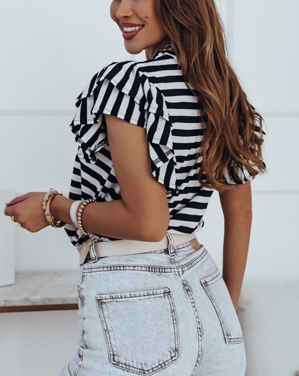 Stripe Print Tiered Ruffled Sleeve Tee