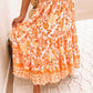 Orange Floral Print Smocked High Waist A-line Maxi Skirt