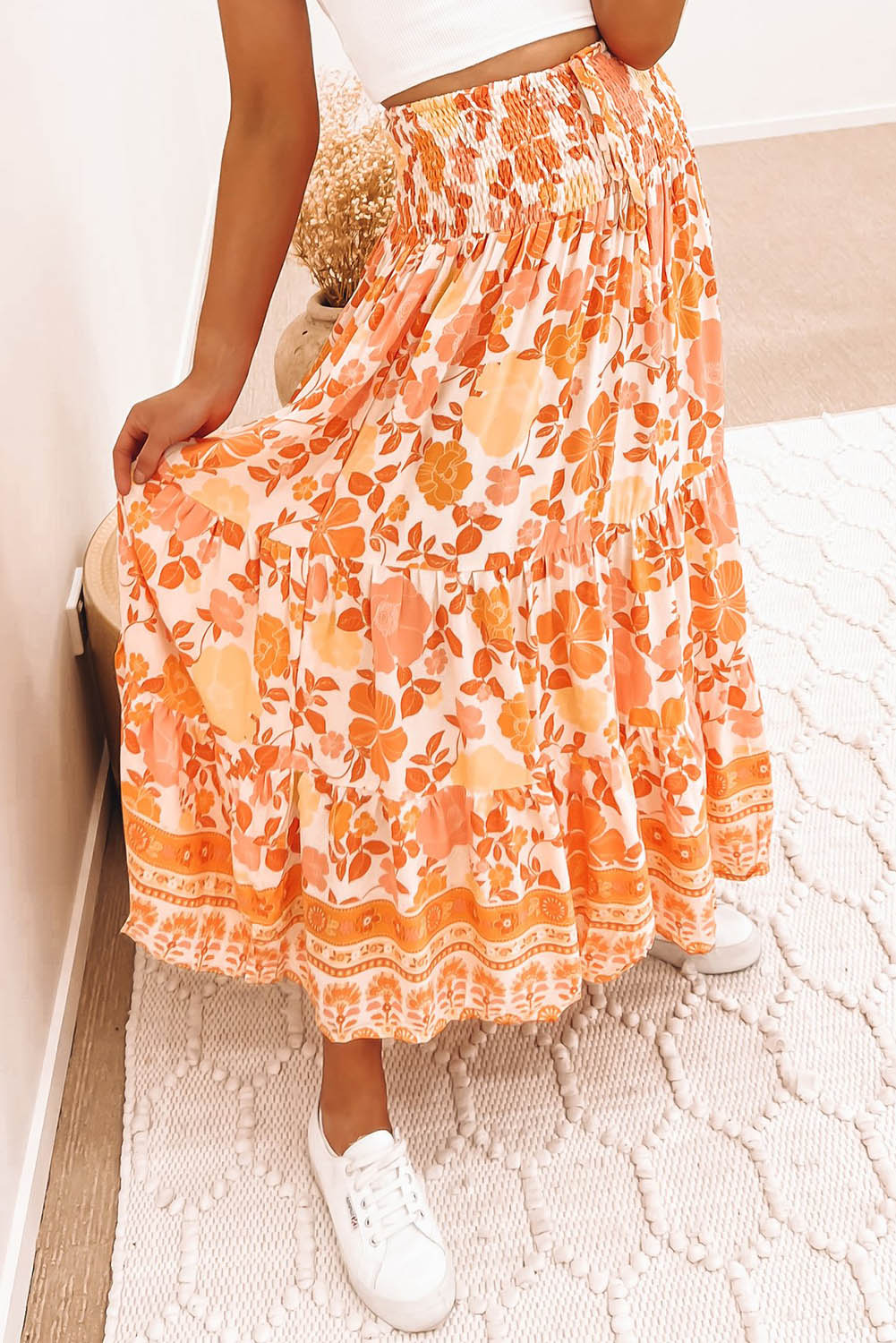 Orange Floral Print Smocked High Waist A-line Maxi Skirt