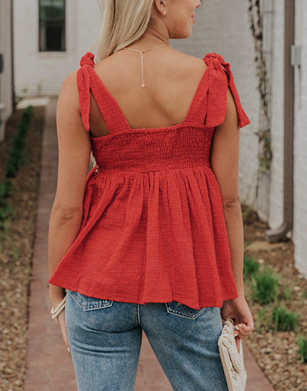 Red Embroidered Babydoll Tie Strap Tank Top