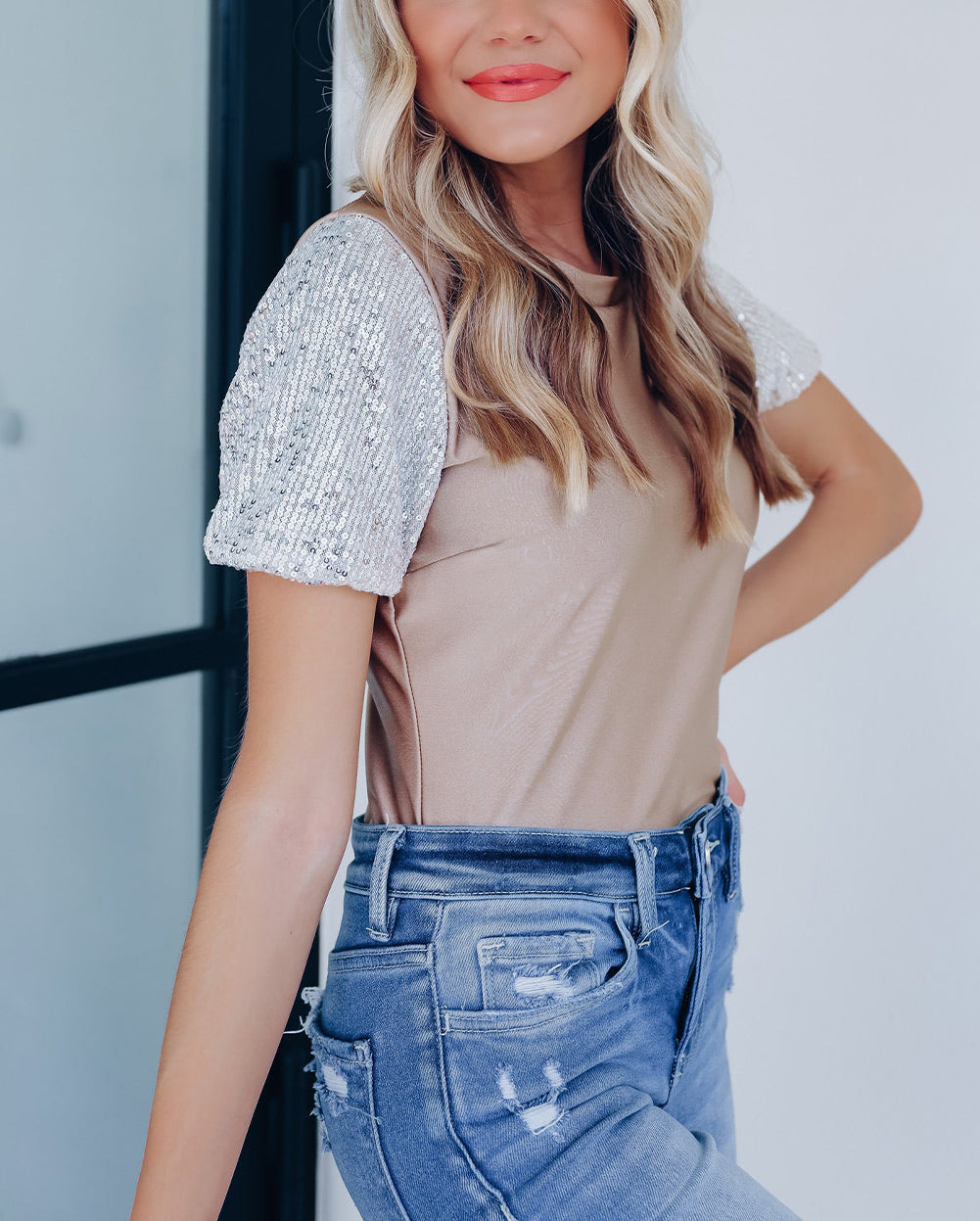 Khaki Round Neck Sequin Sleeve T Shirt