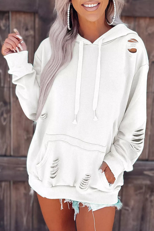 Solid Ripped Hooded Sweatshirt with Kangaroo Pocket