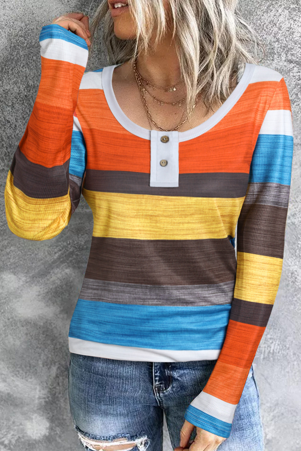 Stripe Multicolor Knit Button Notched Neck Top