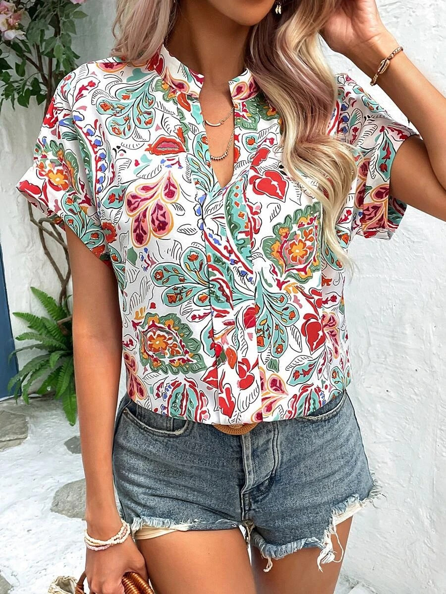 Summer fashion floral pattern V-neck short sleeve