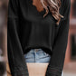 Ribbed Texture Lace Trim V Neck Long Sleeve Top