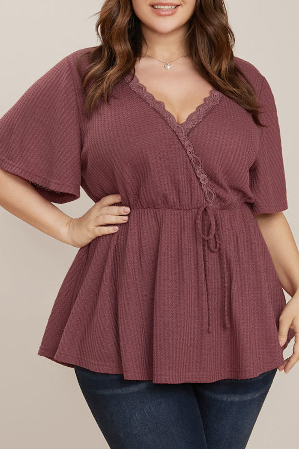 Red Plus Size Waffle Knit Lace V Neck Wrap Top