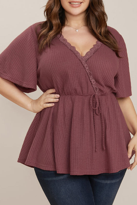 Red Plus Size Waffle Knit Lace V Neck Wrap Top