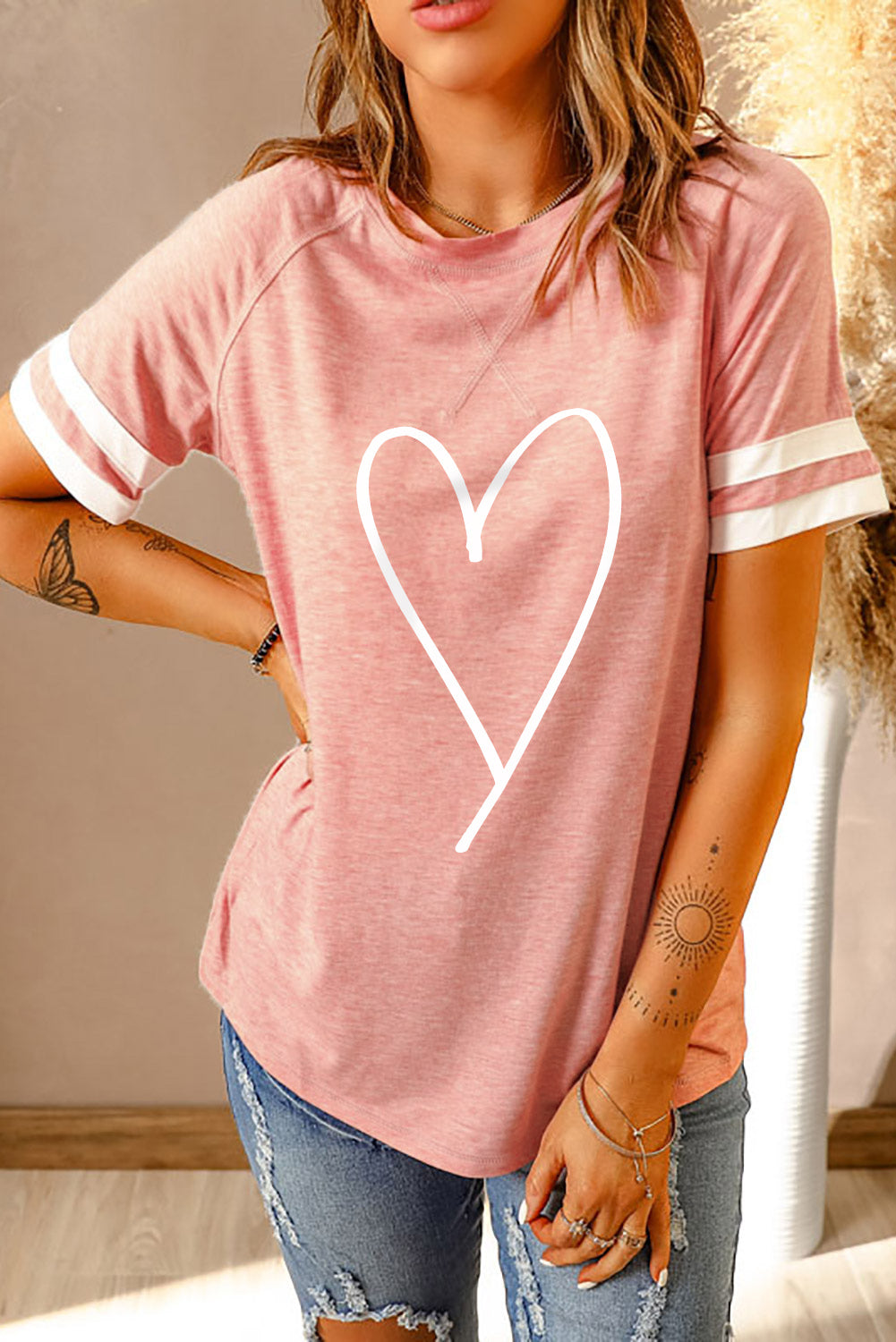 Pink Sketch Heart Print Striped Short Sleeve Tee
