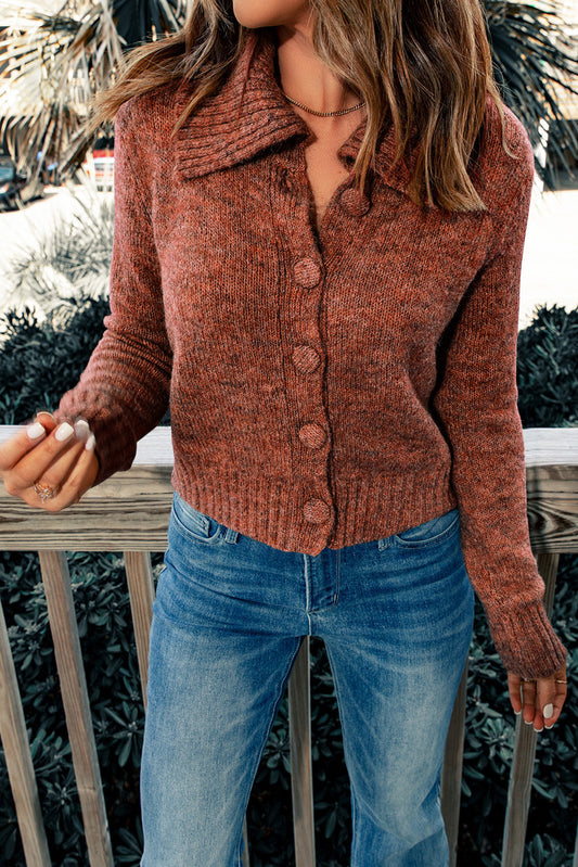 Brown Turn Down Collar Buttoned Knit Cardigan