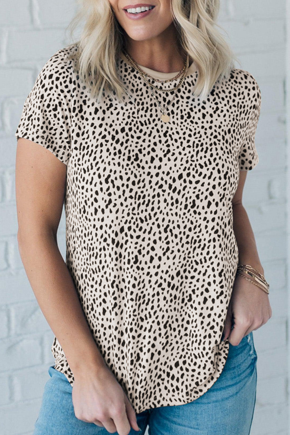 Apricot Animal Dot Print Crew Neck Plus Size T Shirt