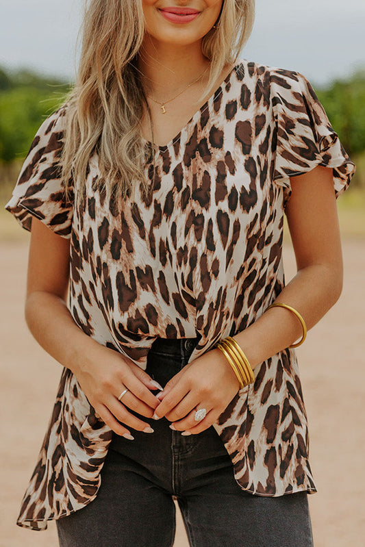 Brown Flutter Sleeves Leopard/Abstract Print V Neck Top