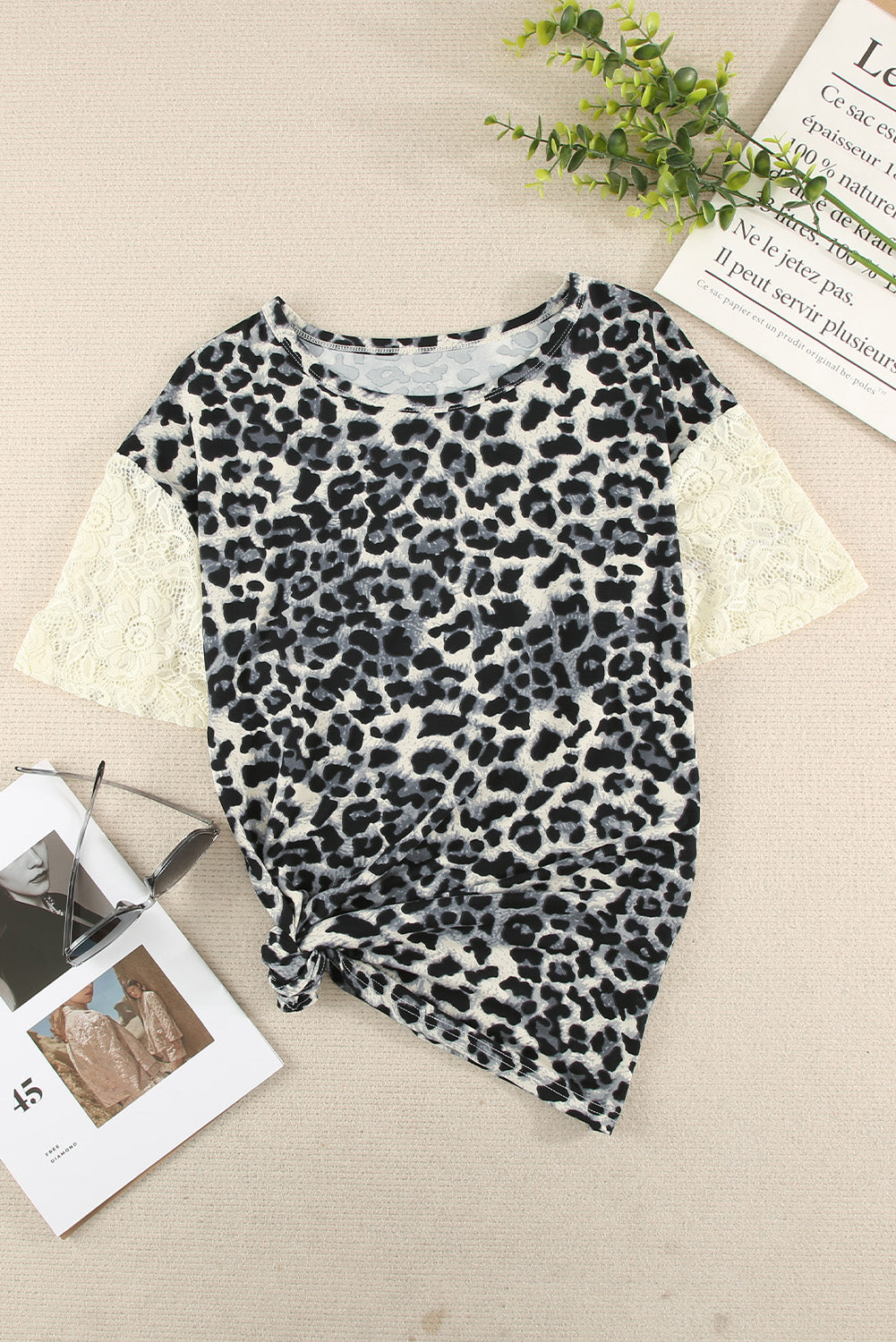 Leopard Lace Split Joint O Neck T-Shirt