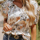 Gold Leopard Floral Print Split Neck Puff Sleeve Blouse