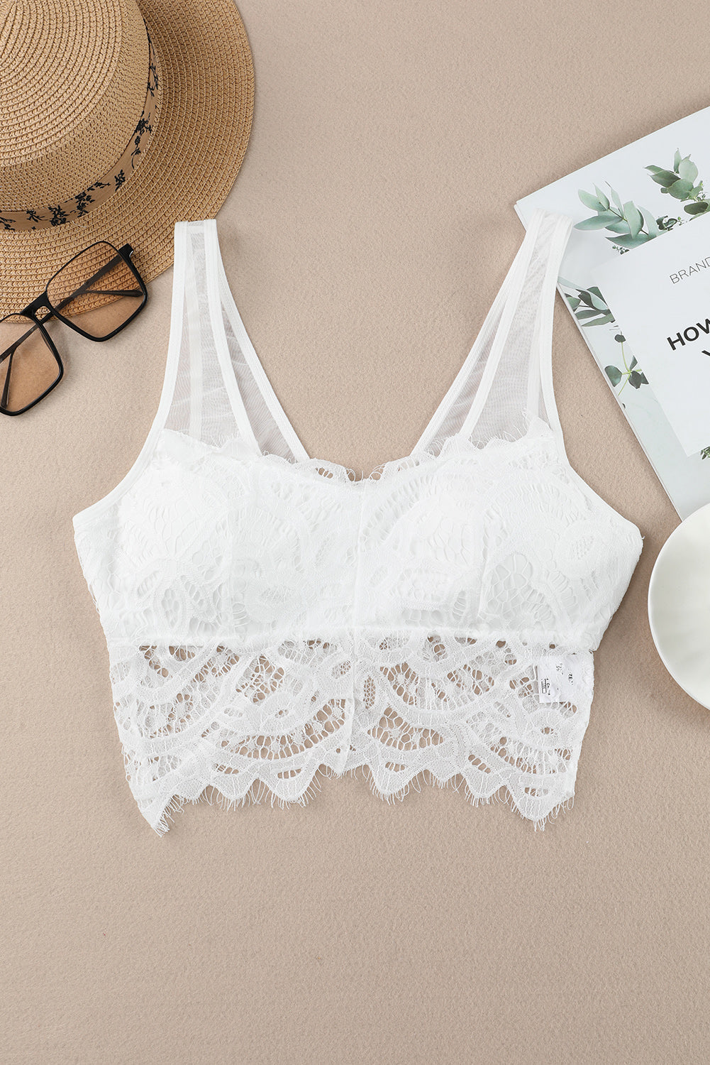 White Floral Lace Mesh Crochet Wide Strap V Neck Bralette
