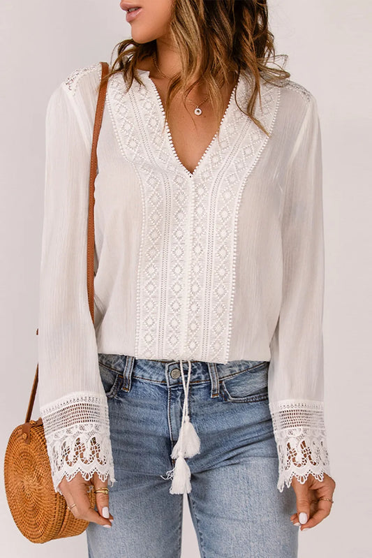 White Bohemian Crochet Detail V Neck Blouse