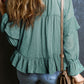 Swiss Dot Lace up V Neck Ruffled Blouse