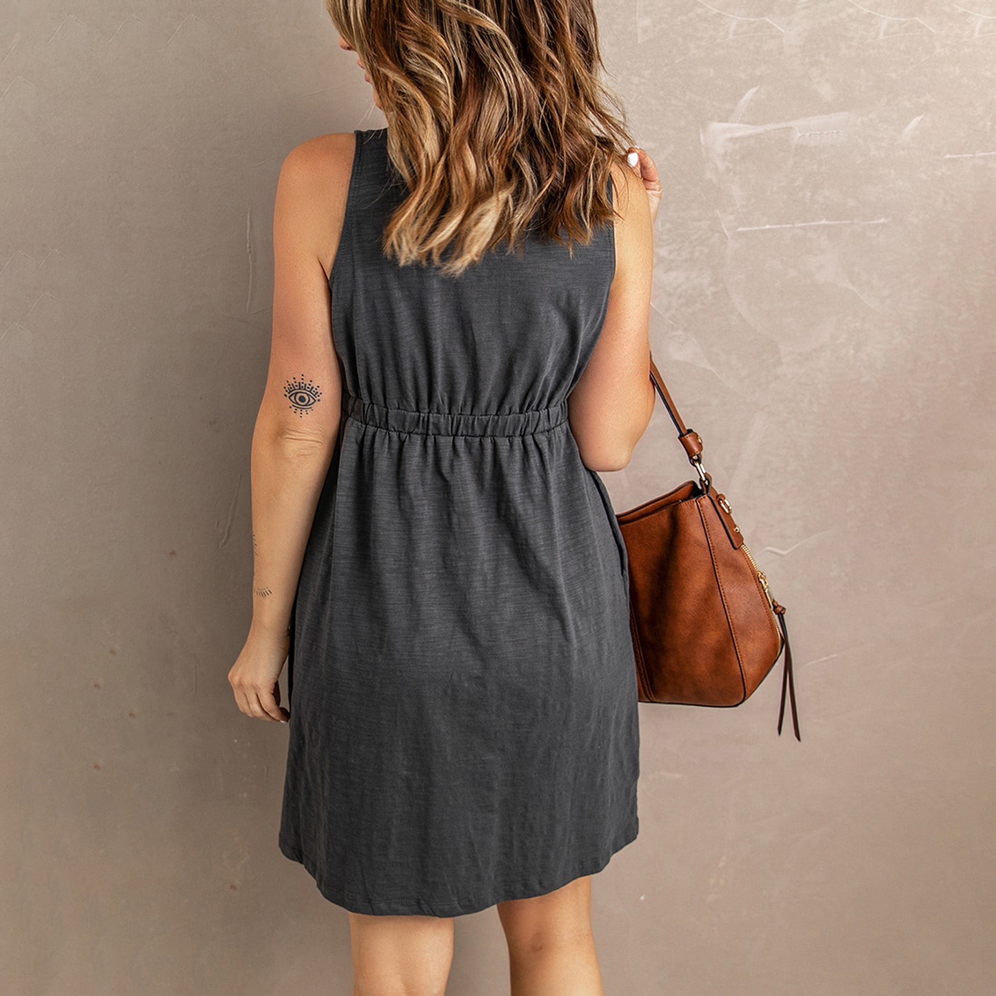 Buttons Sleeveless High Waist Mini Dress