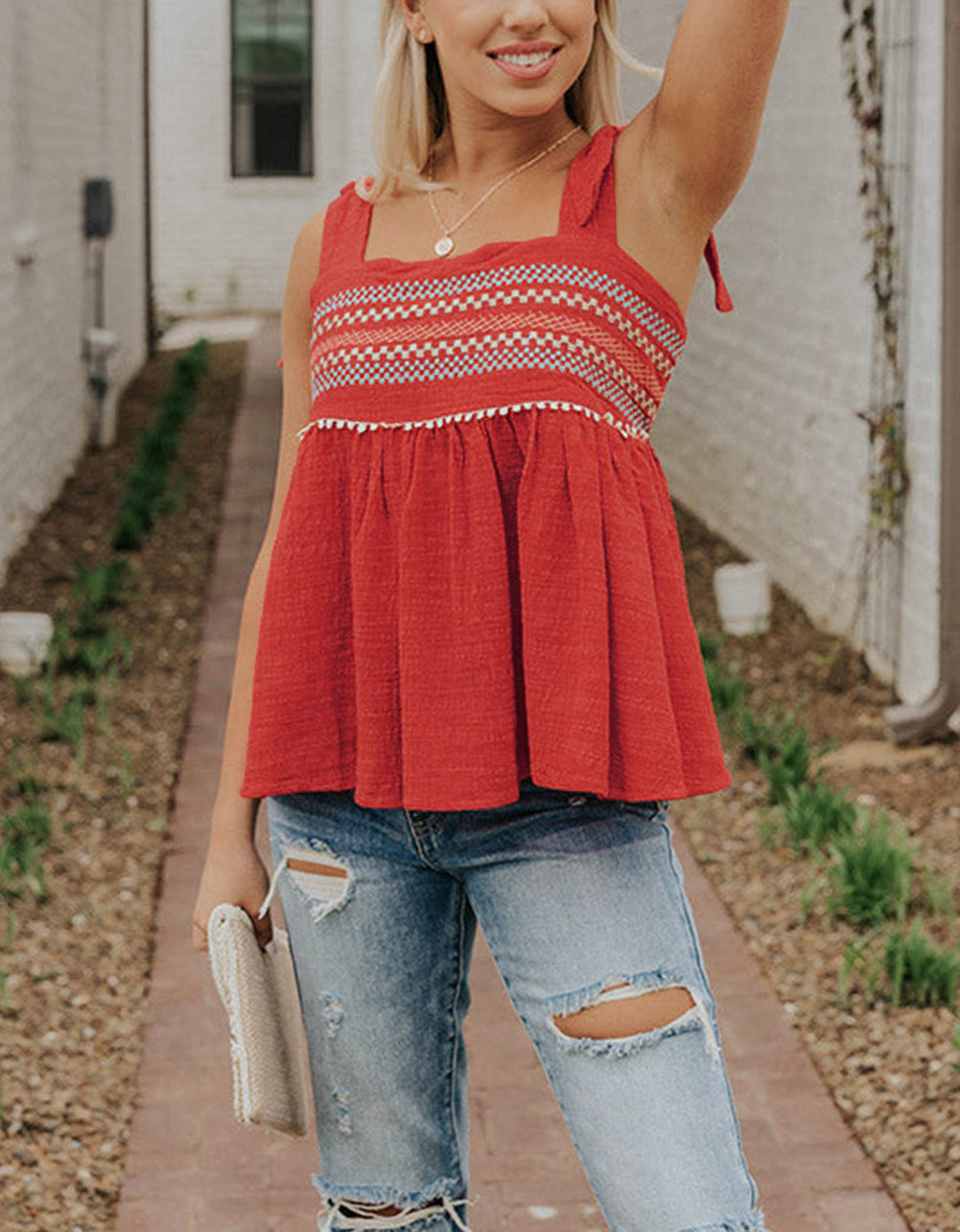 Red Embroidered Babydoll Tie Strap Tank Top