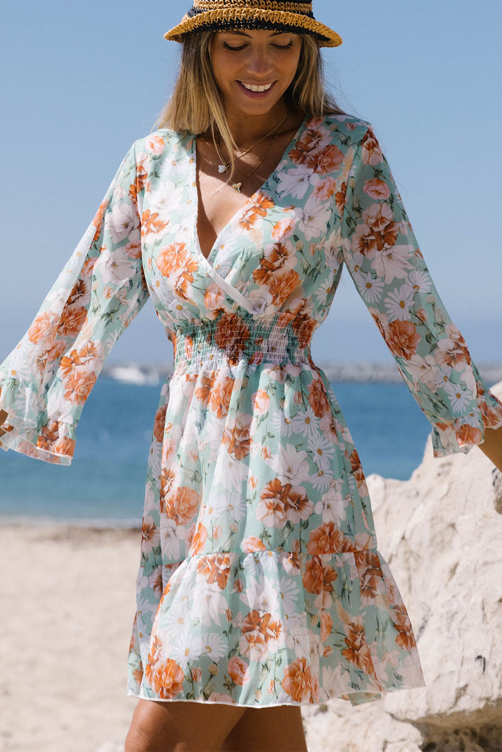 Green Floral Print V Neck Wrap Mini Dress