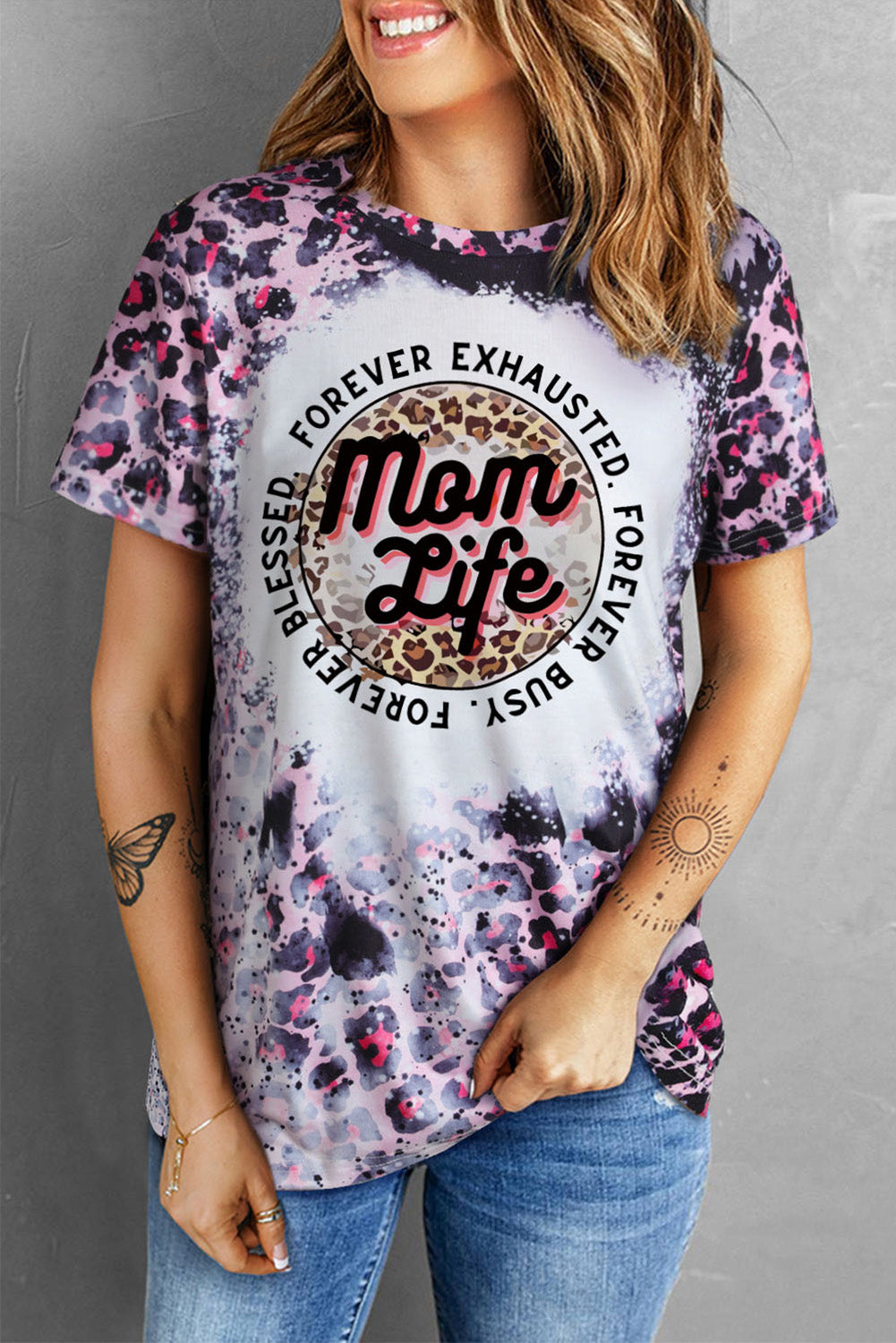 Pink Mom Life Slogan Leopard Bleached Print Graphic Tee
