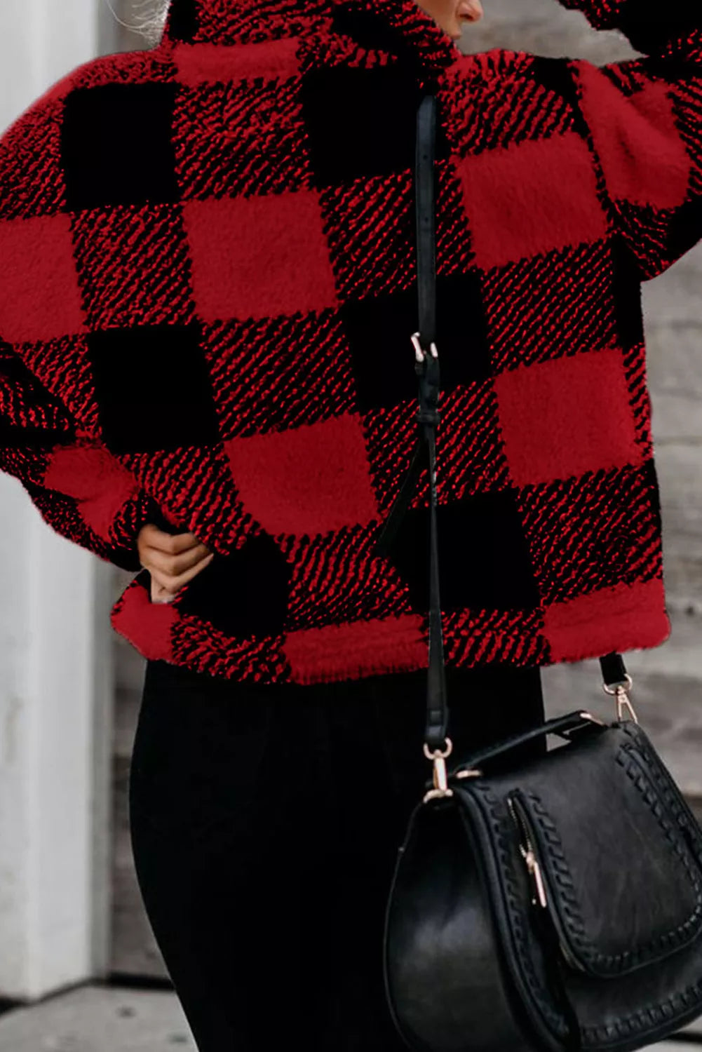 Red Plaid Zip Collar Plush Pullover Sweatshirt