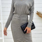 Crewneck Long Sleeve Shirred Split Bodycon Dress