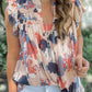 Pink Abstract Print V Neck Shirred Ruffled Sleeveless Top