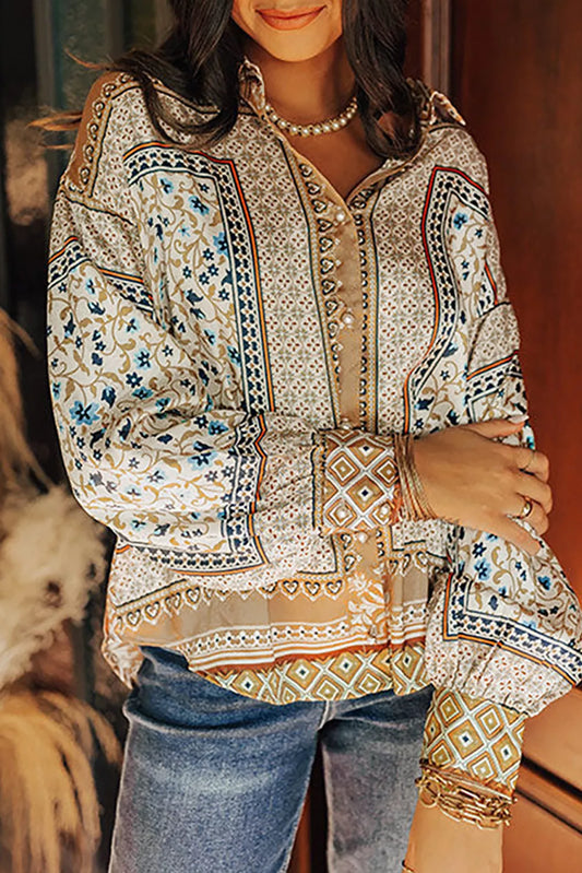 Khaki Bohemian Printed Button Front Shirt