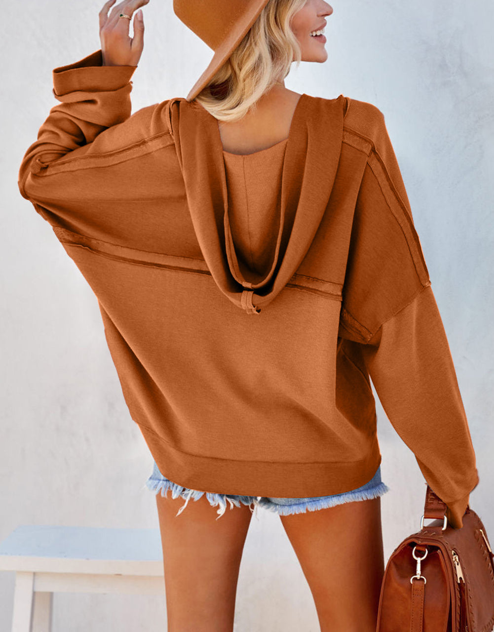 Casual Button Solid Patchwork Trim Hoodie