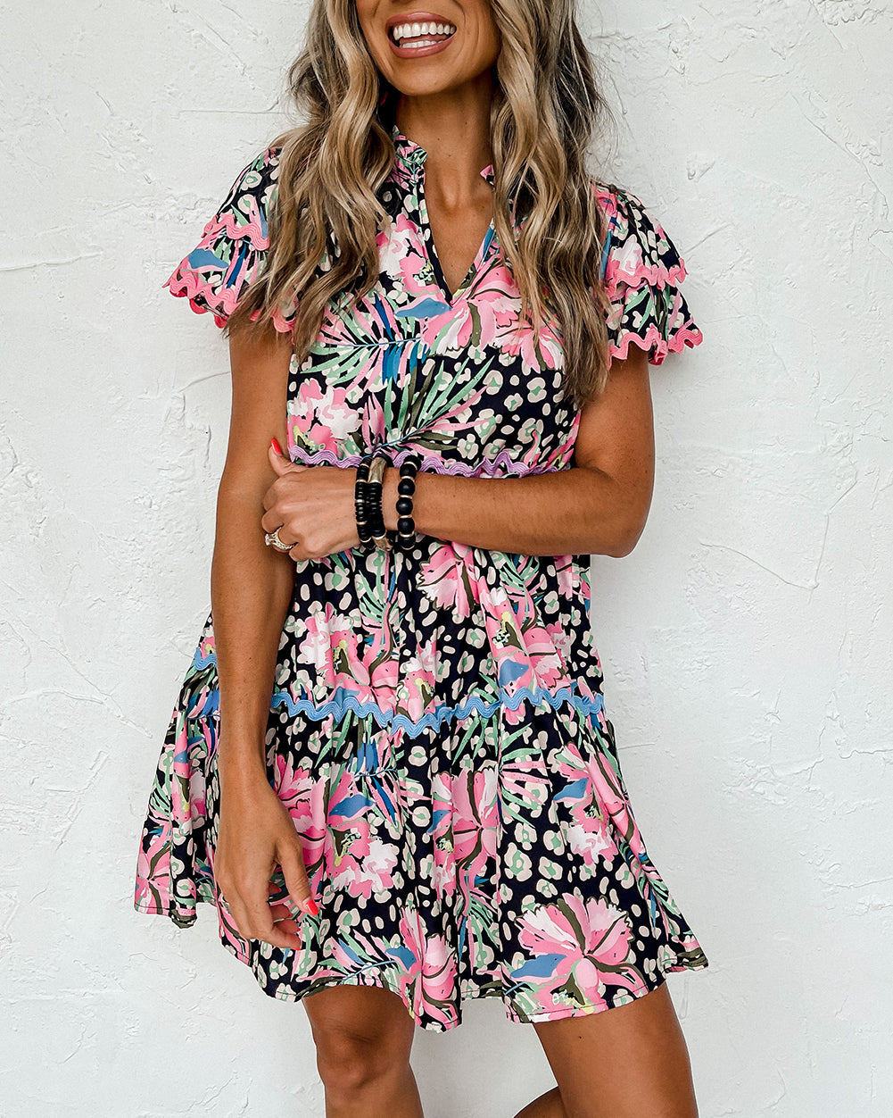 Leopard Floral Print Wavy Embellished Mini Dress