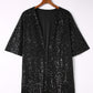 Black Luster Sequin Half Sleeves Draped Open Front Top