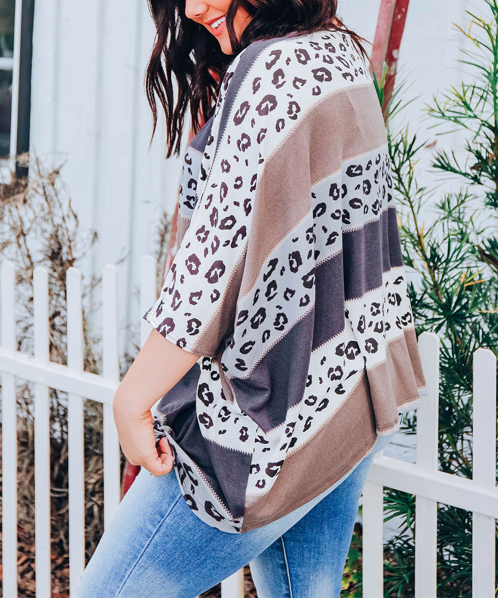 Gray Plus Size Leopard Striped Color Block Oversized Top